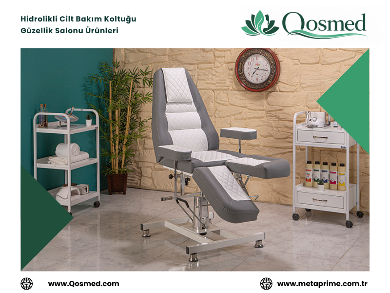 Qosmed hidrolikli cilt bakım koltuğu, güzellik salonları ve estetik merkezleri için profesyonel kullanım sunar.